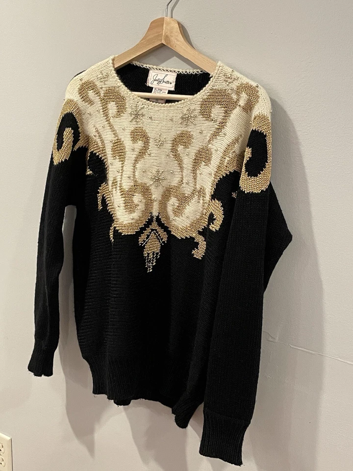 Suéter vintage anos 80 Jaclyn Smith preto dourado metálico enfeitado com miçangas médio - Imagem 2 de 4