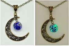 Blue Glow-In-The-Dark Luminous Glass Filigree Crescent Moon 30" Long Necklace
