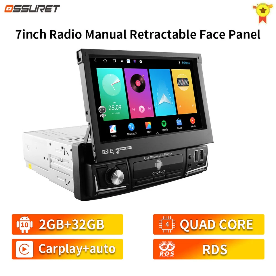 Single 1 Din Android 10.1 7" Flip Out Car Stereo Radio GPS Navi Wifi BT Carplay - Image 2 of 4