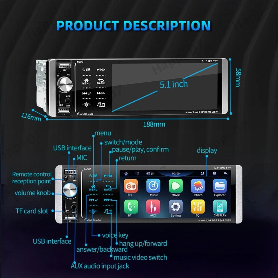 Radio estéreo para automóvil de 5,1 pulgadas 1 din pantalla táctil Bluetooth AM/FM reproductor de MP5 Android IOS Foto 3 de 4