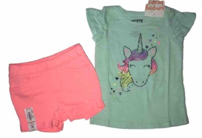 Jumping Beans Girl Size 24 Months Mint Top Neon Shorts Unicorn New