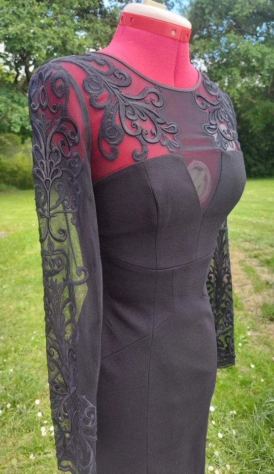 Karen Millen Robe cocktail noire dentelle brodée transparente bodycon T36 UK8 Ne - Photo 1/4
