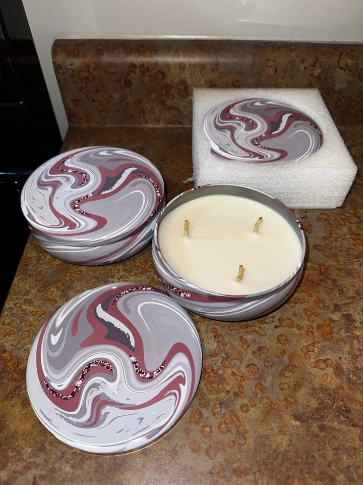 NEW 3 Pcs Citronella Soy Wax Candles in Tin with Cover Pink Swirl Design Print - Image 4 of 4