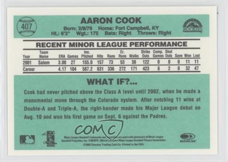 2002 Donruss Originals Aaron Cook #407 Rookie RC - Image 2 of 2