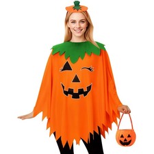 Halloween Pumpkin Costume for Women, 3 PCS Glow in the Dark Pumpkin Poncho with