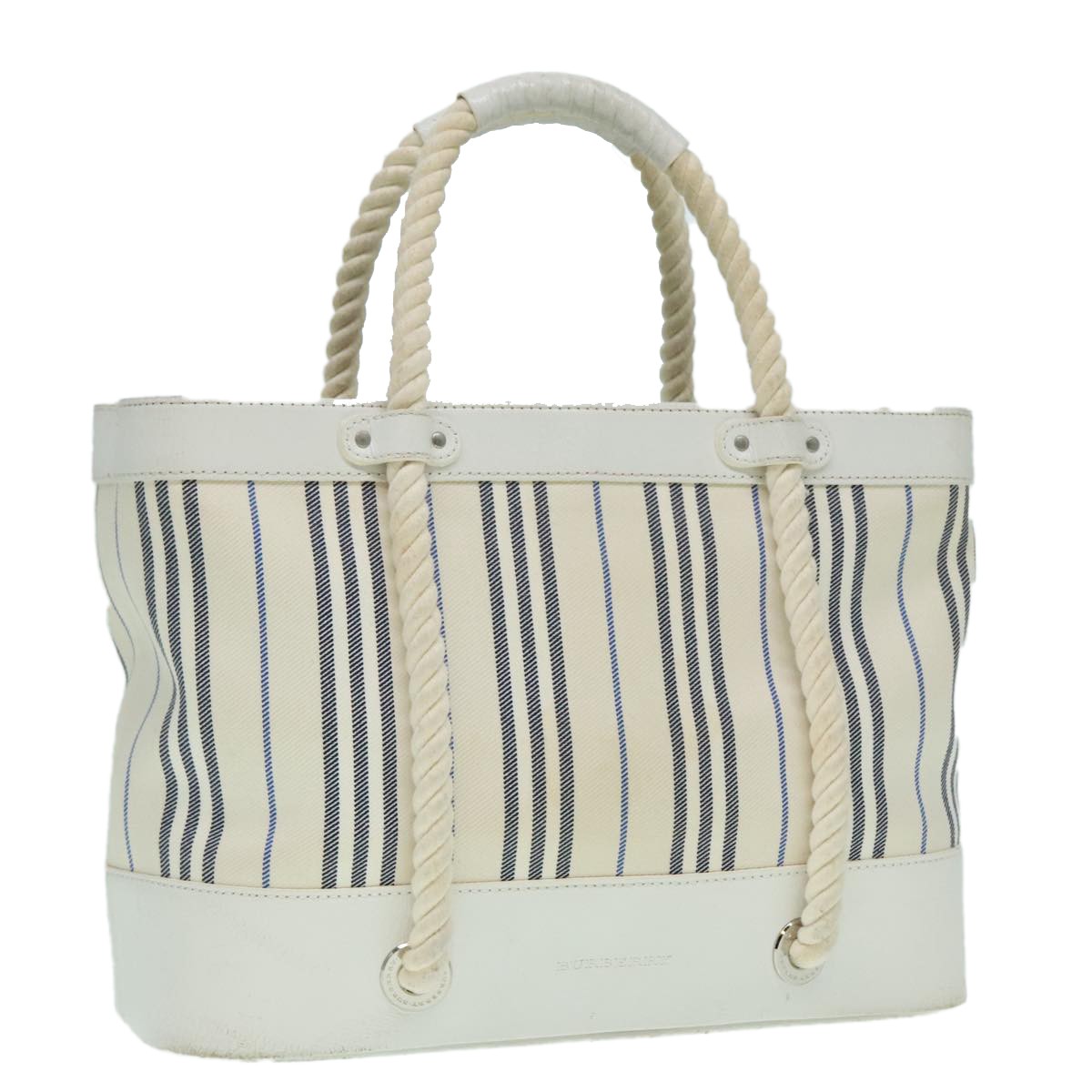 BURBERRY Rope handle Hand Bag Canvas Leather White Blue Silver