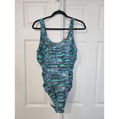 Speedo Abstract Blue Ruched One Piece Swimsuit Scoop Neck Athletic Full Coverage