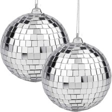 2 Pieces Disco Mirror Balls Silver Hanging Ball for 50s 60s 70s 4inch,