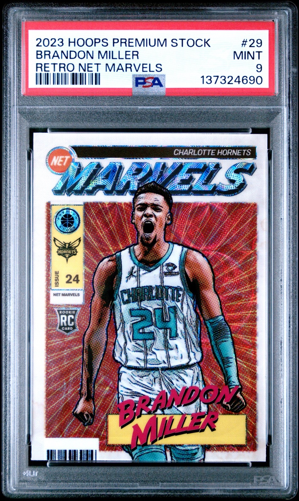 2023-24 Hoops Premium Stock - Brandon Miller Retro Net Marvels SSP PSA 9 RC #29