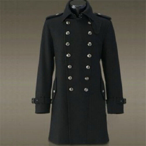 Mens Military Wool Outerwear Double Breasted Trench Long Coat Overcoat ...