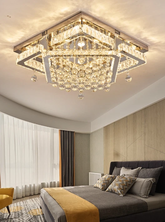 豪华水晶镀铬吊灯长方形照明吸顶灯具遥控器 — 第 4/4 张图片