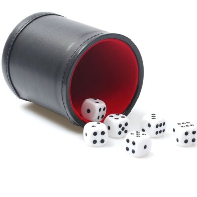 Felt Lined PU Leather Dice Cup with 6 Dice - Black Durable Gaming Accessory