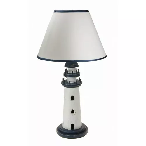 Wooden Lighthouse Lamp Nautical Coastal Table Lamp Desk Bedside Lamp White Blue
