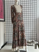 Vintage Black Label Gunne Sax-Indian Cotton Bird Print-1960s Bohemian Gown-Small