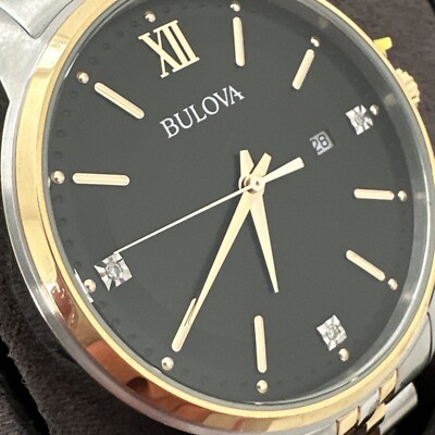 Bulova mens Quartz Gold Tone Case Two Tone Black Dial with Diamonds Watch 98X125