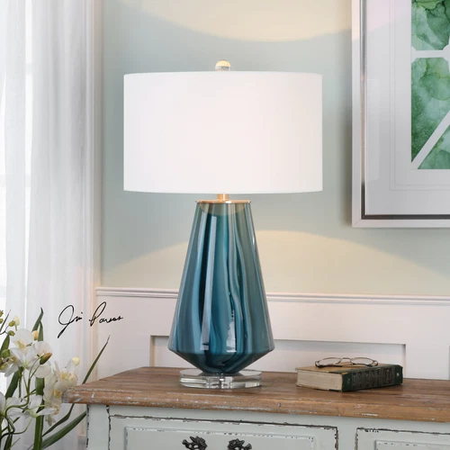 PESCARA 28" TEAL GRAY BLUE GLASS TABLE LAMP BRUSHED NICKEL & CRYSTAL 27225 - Picture 1 of 2