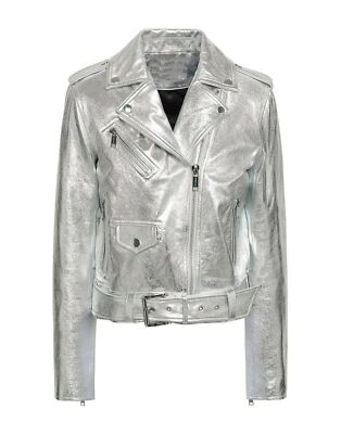 BOMBER BIKER New Women's Silver Extra Belted Jacket Real LambskinMotoBikerJacket