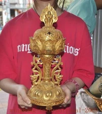12.8"China Buddhism bronze gilt Lotus flower Incense burner Censer