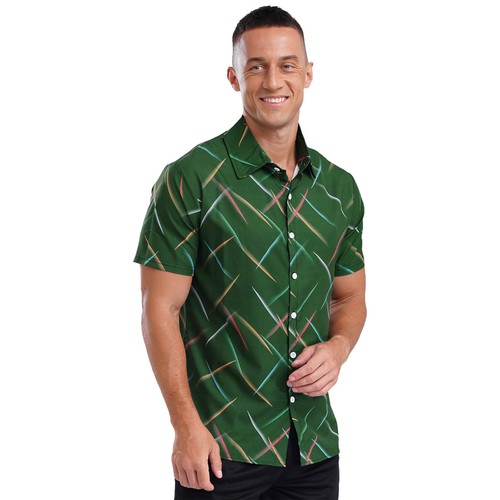 Mens Colorful Striped Casual Short Sleeve Button Down Vacation Holiday Tops - Picture 45 of 77