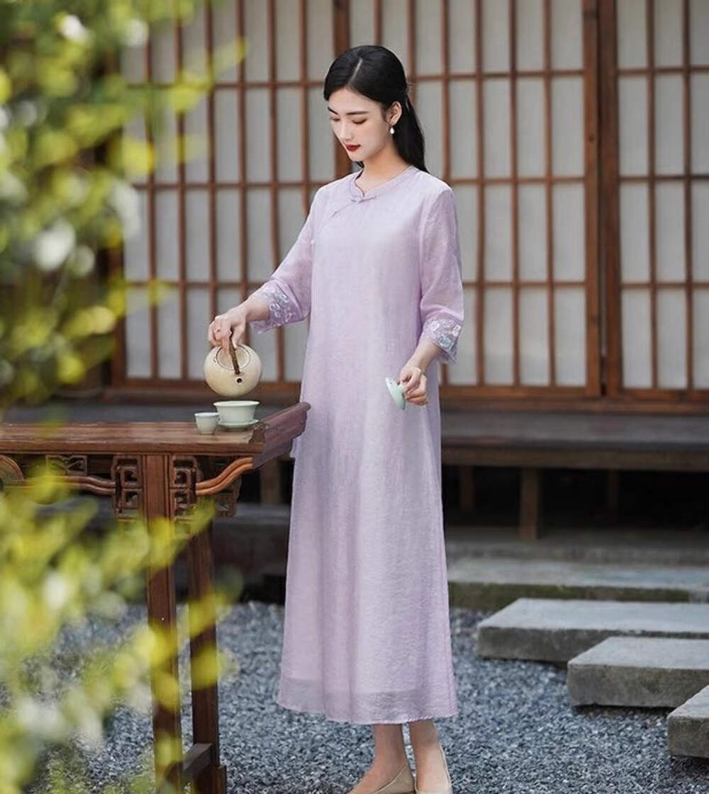 Lavender Loose Qipao Dress with Embroidered Cuffs | eBay
