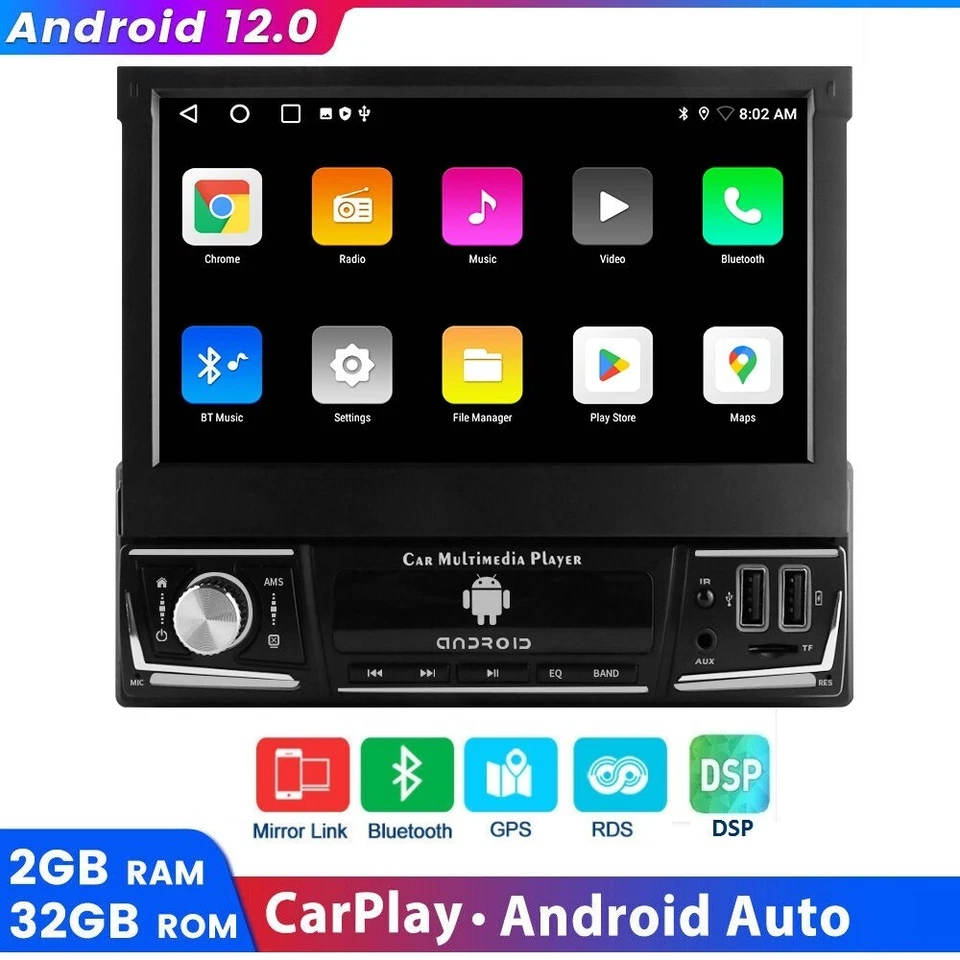 Single 1 DIN Android 12 Car Stereo CarPlay GPS Navigation Flip Up Radio WiFi RDS - Image 2 of 4