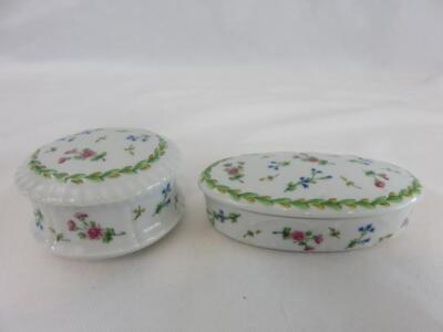 Pair Bernardaud Limoges Poe Trinket Boxes Round & Oval w/Hand Painted Flowers