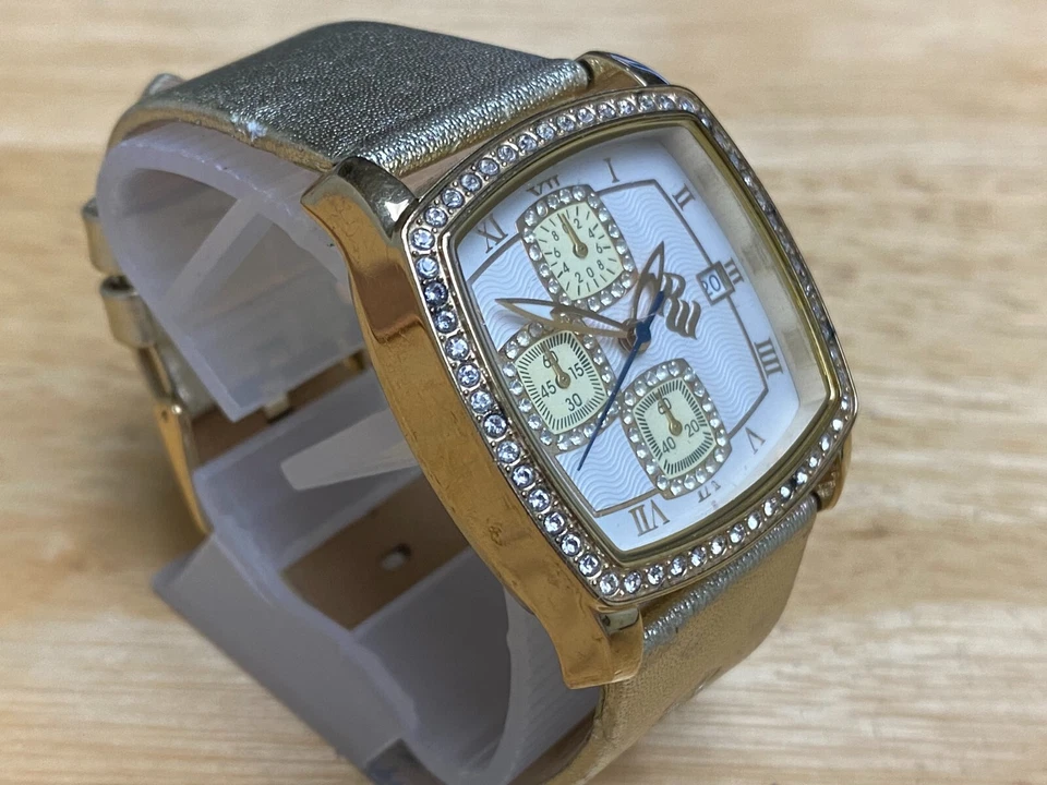 Roca Wear Quartz Chronograph Watch Unisex Gold Tone Leather Analog New Battery - Image 3 of 4