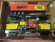 Menards Gold Line 2 Piece BNSF Flatcars With Schneider Tractor & Trailer 0 Gauge