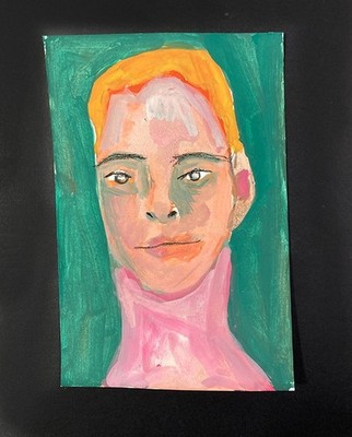 Portrait Painting 4x6 Naive Primitive Outsider Green Gouache Wall Art Miz Katie