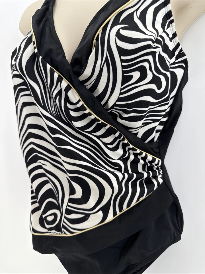 Longitude Black White Animal Print Faux Wrap Slimming One Piece Swim Suit Sz 12 - Image 2 of 4