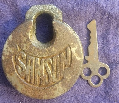 1920s Antique Samson Reverse Mark US Pancake Padlock # 6 w Key Great Patina 