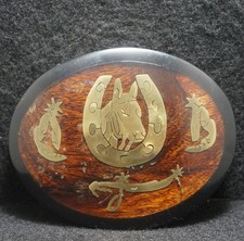 WI03142 REALLY NICE VINTAGE 1970s  HORSE  ANIMAL FASHION WOOD MENS BELT BUCKLE