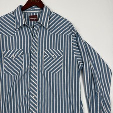 Vintage Wrangler Western Shirt Mens Large Pearl Snap Striped Blue White Yoke