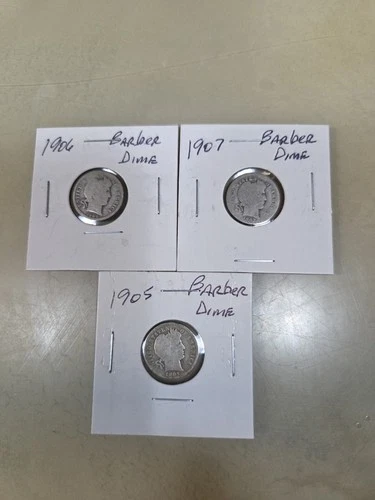 Lot of 3 Silver Barber Dimes 1905 1906 1907 . 90% Silver