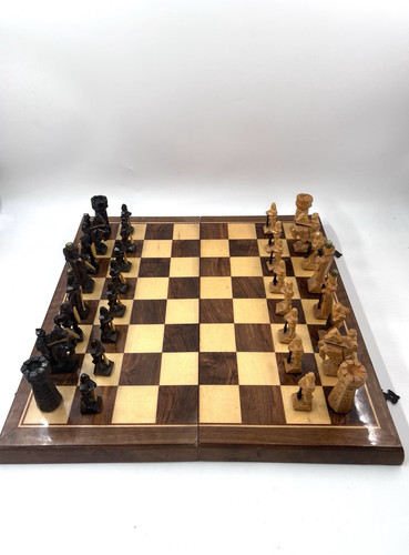 Hand Carved Wooden Chess Set & Board Vintage Medieval Complete Folding - Picture 1 of 24