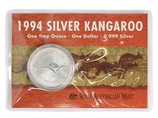 1994 Royal Australian Mint $1 Fine Silver Kangaroo 1oz Coin Carded