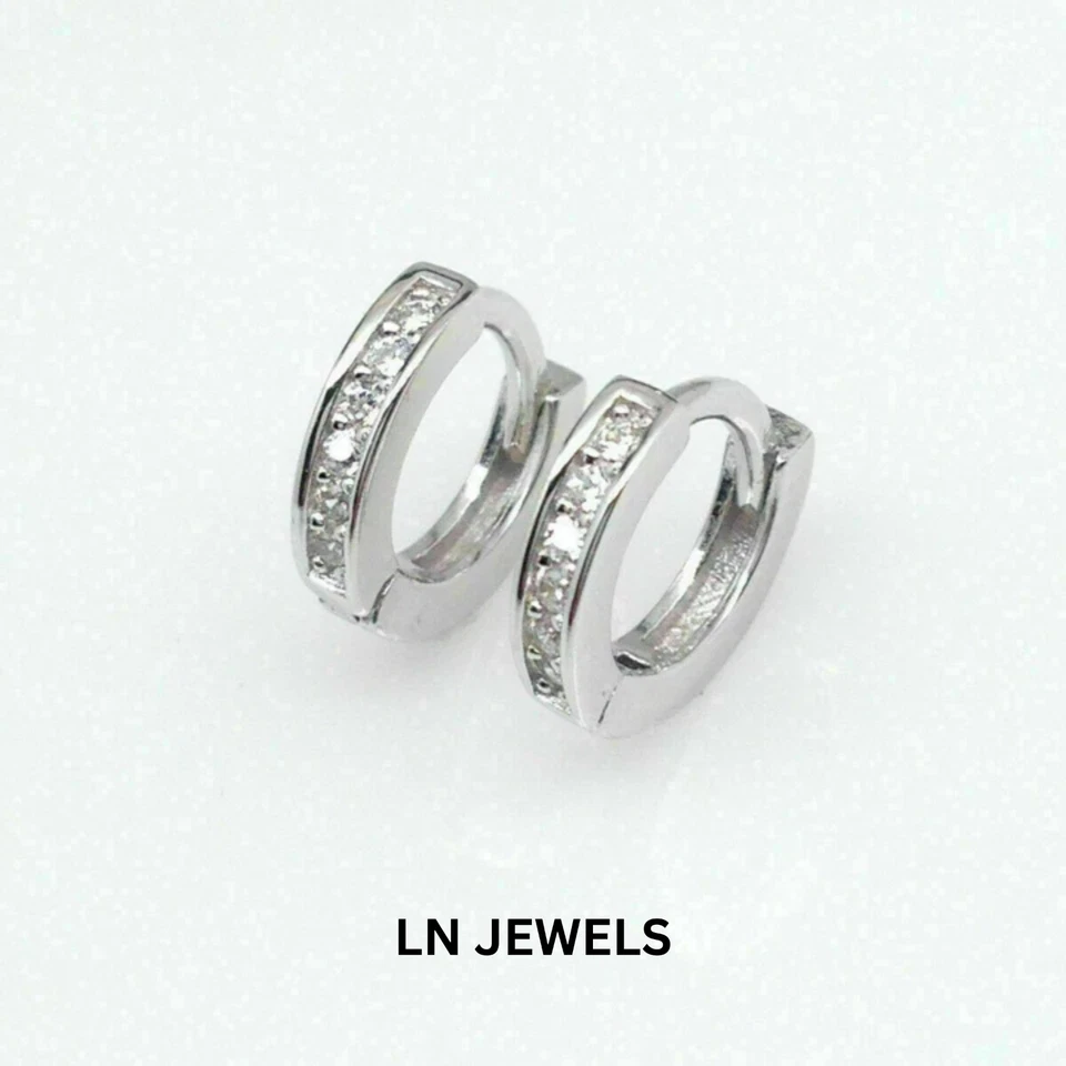 Real Moissanite 1Ct Round Cut Huggie Hoop Earrings 14K White Gold Plated Silver - Image 3 of 4