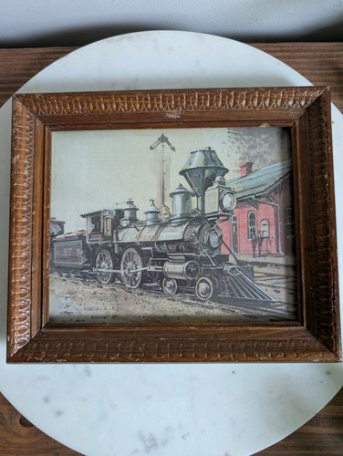 Vintage Framed Steam Locomotive Train Print Rustic Wooden Frame Railroad