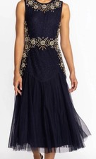 Johnny Was Dress 4 Dark Blue Gold Embellished Mesh Midi Beaded Floral Flare NWT