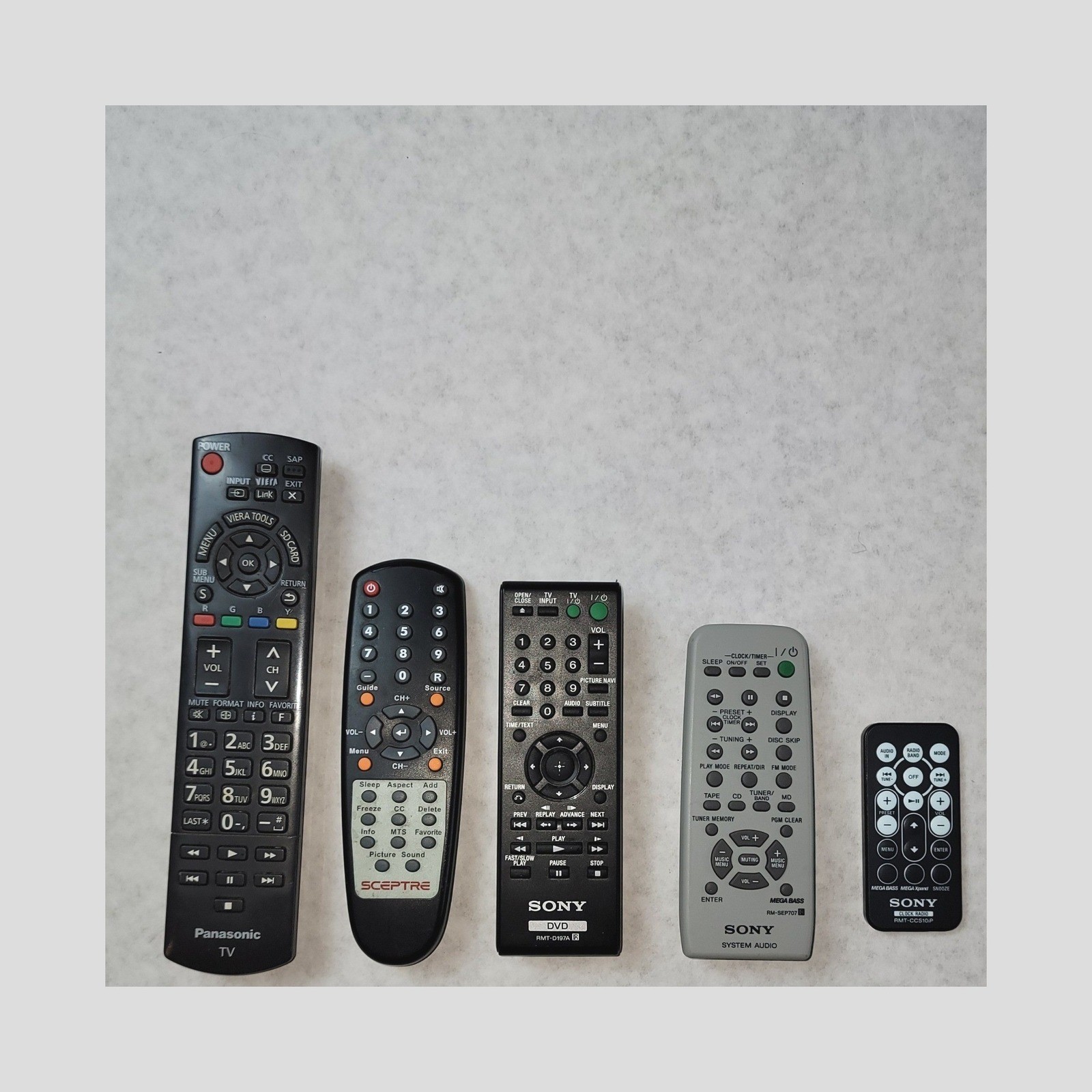 Lot of 5 TV DVD Remote Controls Sony Panasonic Sceptre