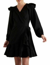 Seed Heritage Wrap Front Frill Ruffle Black Long Sleeve V neck Dress New Large L