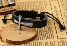 Black Leather Cross Bracelet Stackable Adjustable Tie New Free Ship A1452
