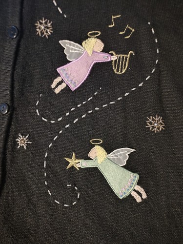 NWT Quacker Factory Cardigan Sweater Embroidered Angel Snow Women's 1X Black - Picture 7 of 11