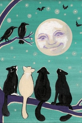 4x6 PRINT OF PAINTING RYTA TUXEDO BLACK CAT FOLK ART CROW HALLOWEEN MOON Magic