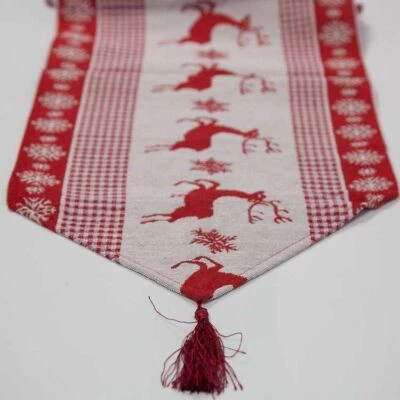 Weihnachten Leinen Rot Rentier Tischläufer Mit Quasten Tisch Heim Festliche - Bild 1 von 2