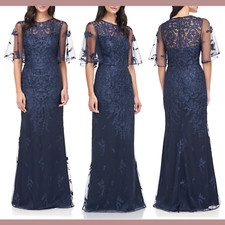 NEW JS Collections Floral Embroidered Flutter Sleeve Gown in Blue [SZ 10 ] #Q106