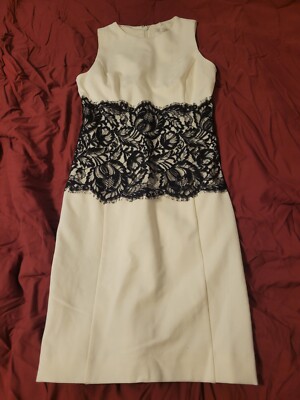 BOSTON PROPER IVORY BLACK LACE BODYCON DRESS SIZE 0 PENCIL MINI BUISNESS BOSS 