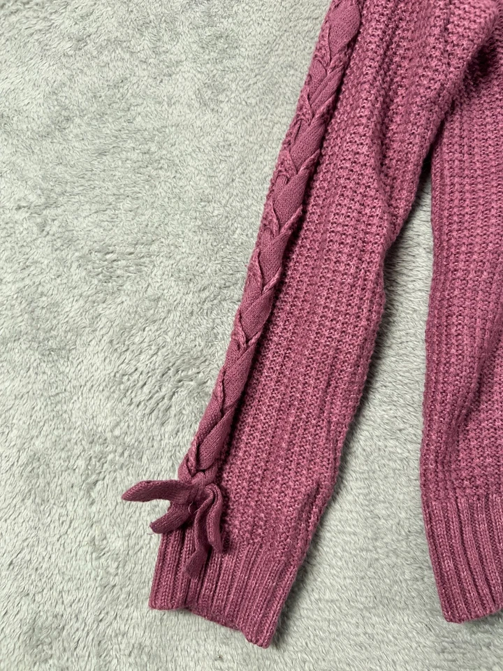 Suéter DKNY Niñas Pequeño Rosa Tejido Grueso Marfil Logo Lazo Manga Trenzada Algodón Foto 3 de 4