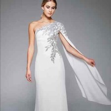 New Tadashi Shoji Columba One-Shoulder Sequin Crepe Gown White Size 8