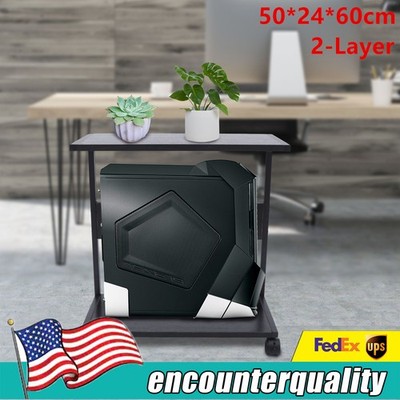 2-Tier CPU Holder Cart Under Desk Computer Tower Stand Mobile PC Tower Stand NEW